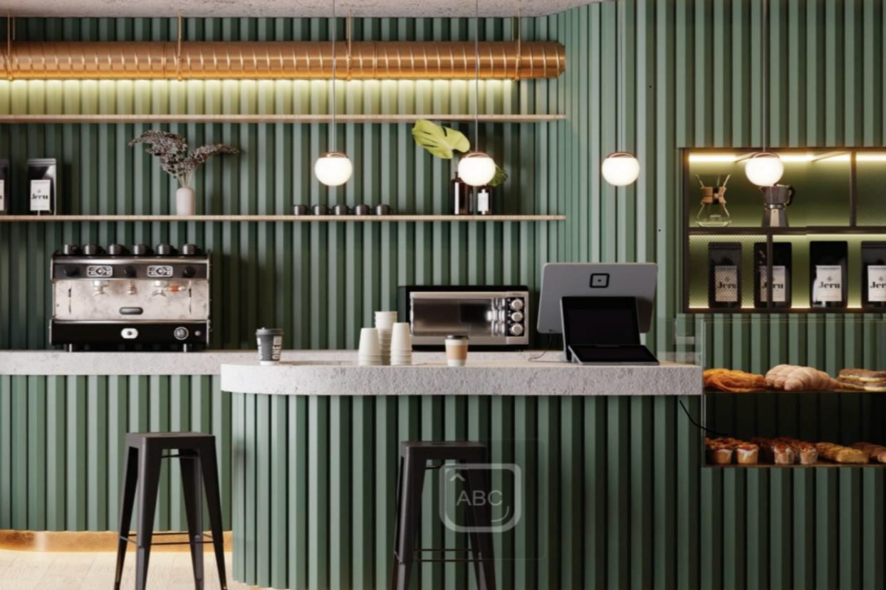 Groene eiken halfronde latten gebruikt voor een achterwand en een bar